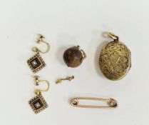 Pair 9ct gold, seedpearl and black onyx drop earrings, square and stepped, a rose gold-coloured