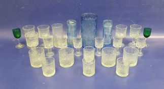 Three Ravenhead blue glass vases with bark-effect exteriors, a collection of Ravenhead drinking