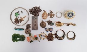 Two antique silver and gold tortoiseshell pique crescents, a millefiori oval brooch, a Maori Hai-