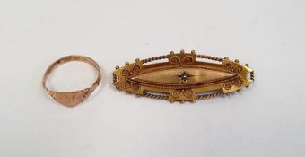 Antique 9ct gold brooch, elliptical set small diamonds, the centre with pierced ropetwist and scroll