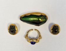Pair scarab beetle set gold-coloured metal clip earrings, similar larger brooch and a gilt ring