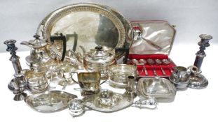 Electroplated wares to include teapot, hot water pot, tray, cream jug, sugar basin, etc (1 box)