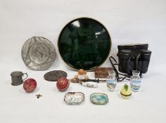 Vintage cricket balls, pewter tazza, pair of binoculars, etc (1 tray)
