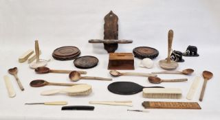 Tray of assorted vintage kitchenalia, a dressing table set, hardwood stands, etc (1 tray)