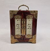 Chinese carved jade, hardwood and brass mounted miniature table cabinet of three drawers and