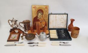 Electroplated miniature hot water pot, mug, small quantity of flatware and treen items to include