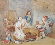 19th century school Watercolour Interior scene, unsigned, 15cm x 18cm  Two car prints (3)