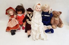 Sasha baby doll in basket '505 Sasha Baby Playsuit Brown Hair' in box and five modern dolls,