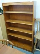 Mid century modern teak open bookcase with adjustable shelves, on plinth base, 147.5cm h x 89.5cm
