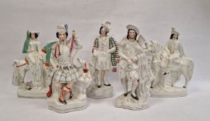 Collection of five 19th century Staffordshire flatback figures and groups, viz:- lady and