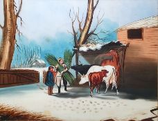Early 20th century school Reverse painting on glass Farm scene, 41cm x 54cm
