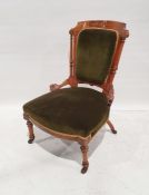 Victorian inlaid walnut drawing room chair with scroll inlaid and strung top rail, padded back,