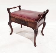 Victorian mahogany piano stool with red leather seat, the whole on cabriole legs, 56cm x 67cm x 36cm