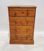 20th century pine chest of four long drawers, on plinth base, 90cm x 59cm x 39cm