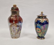 Carltonware lustre vase and cover, ovoid, floral decorated on a blue ground, 17cm high and a