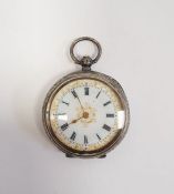 Lady's silver open-faced fob watch in engraved case and inscribed 'Ford & Galloway, Birmingham' to