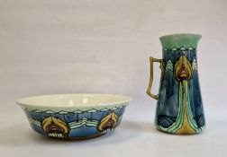 Minton Secessionist Art Nouveau toilet jug and basin, no.36, tube-line decoration in green, ochre