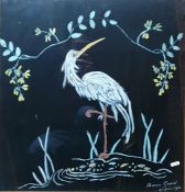 Mamie Grant (20th century) Painting on fabric Stork, signed and dated 1913 lower right, 55cm x 53cm