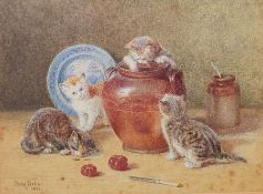 Rosa Bebb (1857-1938) Watercolour Cats at Play, a study featuring four kittens, blue and white