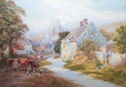 Charles James Adams (1859-1931) Watercolour Herdsman driving cows through village with Corfe