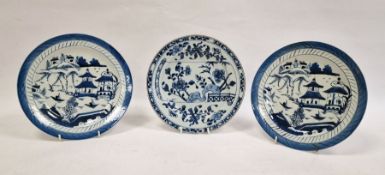 Chinese blue and white plate with foliage decoration and two further blue and white plates with