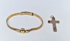 Gold-coloured metal cross pendant, 4.3g approx. and a rolled gold bangle (2)