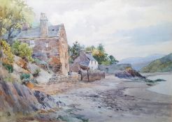 Charles James Adams (1859-1931) Watercolour Coastal scene by lake, with dwellings by the bank,