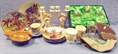 Boxed set of Martel horse and jockey commemorative cognac glasses, three pairs of brass