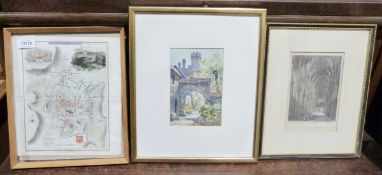 Map of Winchester engraved by J Roper, a drawing by G Cole and assorted paintings and prints (8)