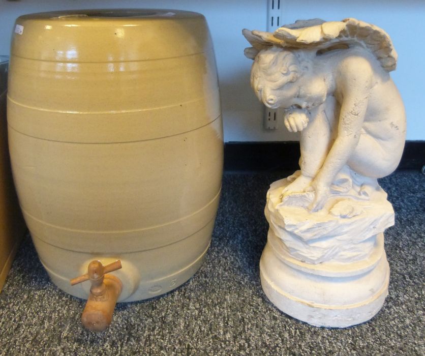 Pearsons of Chesterfield pottery barrel with tap, a composite stone sculpture of a cherub, vintage - Image 2 of 5