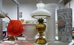 Brass paraffin lamp with original shade and chimney, a vintage desk lamp with a metal shade as a