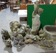 Quantity of composite stone garden ornaments to include models of cats, jardinieres, female figure