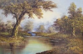 J Ball  Oil on canvas Woodland scene with river, signed and dated 1973 lower right, 50cm x 75cm J