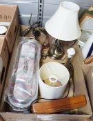 Fish poacher, two table lamps, three models of cranes and a wooden box (1 box)