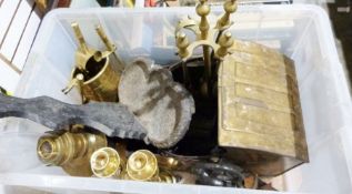 Pair of brass candlesticks, a brass oil lamp, a metal walking stick stand, two fireside companion