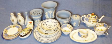 Wedgwood blue jasperware vase, three further Wedgwood jasperware items, a Paragon 'Tree of