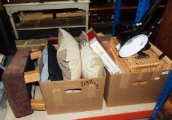 Modern anglepoise lamp, a footstool, a wicker basket, a box of pimpernel acrylic placemats, etc (2