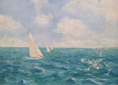 P E W Wood Oil on board Coastal scene with sailboats, signed lower right (29.5 x 39.5cm) together