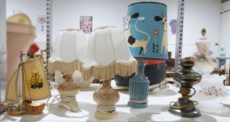 Pair of small ceramic bedside table lamps, a blue table lamp with retro shade, cheery bull