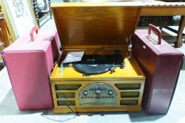 All in One radio, CD player and turntable and two cases of assorted LPs to include James Last, Max