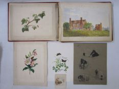 Watercolour album with red and gilt leather binding, topographical views and other and a Victorian