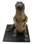 Taxidermic alligator with painted eyes, standing up on ebonised wood plinth base, four bun feet,