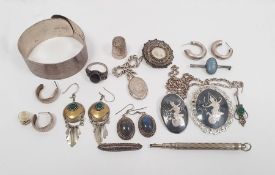Silver bangle, buckle-pattern and engine-turned, silver earrings, brooches and other jewellery