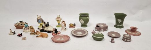 Quantity Wedgwood green, purple and pink jasperware, Royal Albert Beatrix Potter figures including
