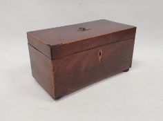 19th century mahogany tea caddy, two-section interior with glass mixing bowl, on squat bun feet,