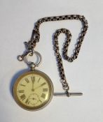 White metal open-faced gentleman's pocket watch, the enamel dial with Roman numerals and