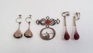 Ola Gorie, Orkney, sterling silver Viking boat brooch, two pairs silver drop earrings and a silver