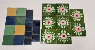 Eight Minton Hollins & Co Art Nouveau pottery tiles, green and pink (two damaged), eight smaller