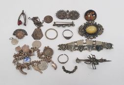 Sterling charm bracelet with enamelled and other charms and various silver and white metal jewellery