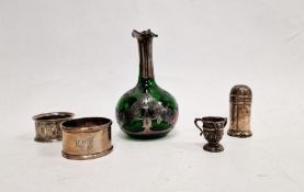 Silver wares to include napkin ring, pepperette with blue glass liner, small tyg, electroplated